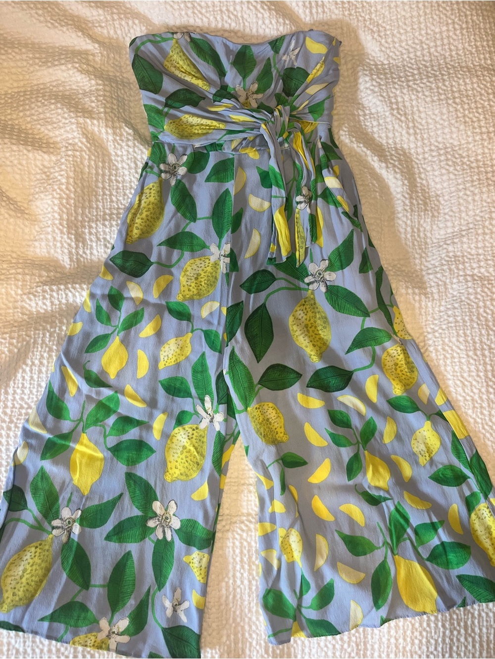 Strapless Lemon Print Wide-Leg Jumpsuit - Blue/Green/Yellow